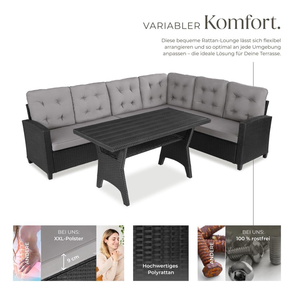 tectake Gartenbank Set mit Tisch Rattan Eckbank Schwarz