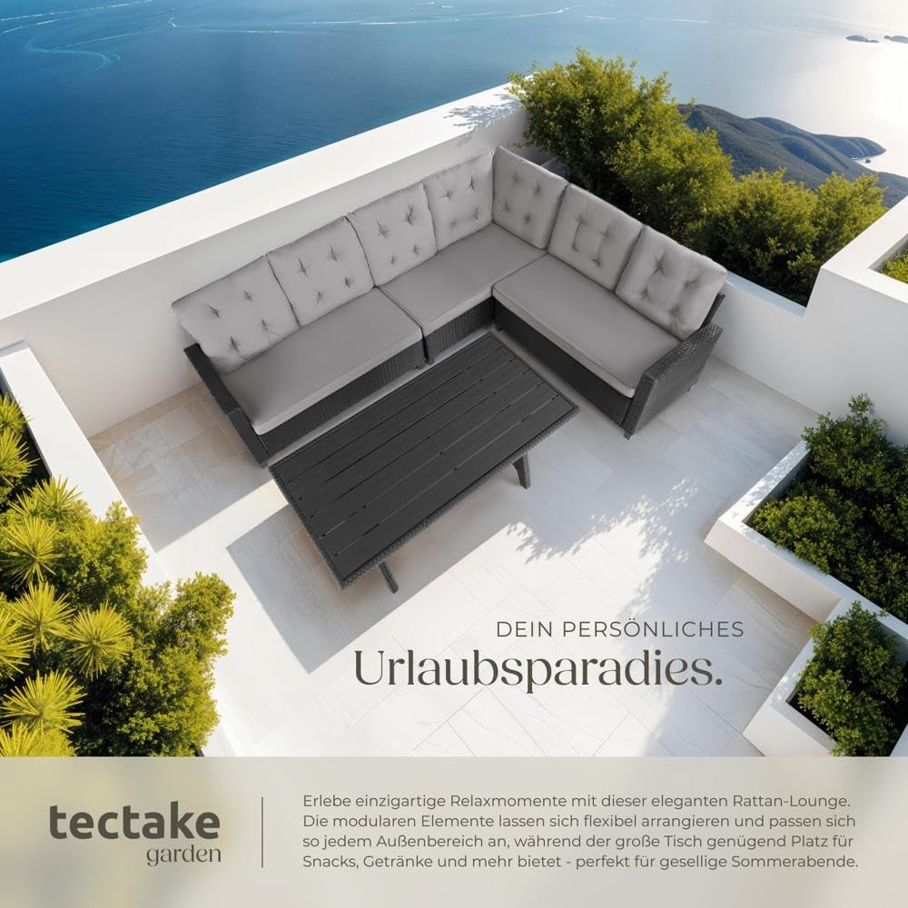 tectake Gartenbank Set mit Tisch Rattan Eckbank Schwarz