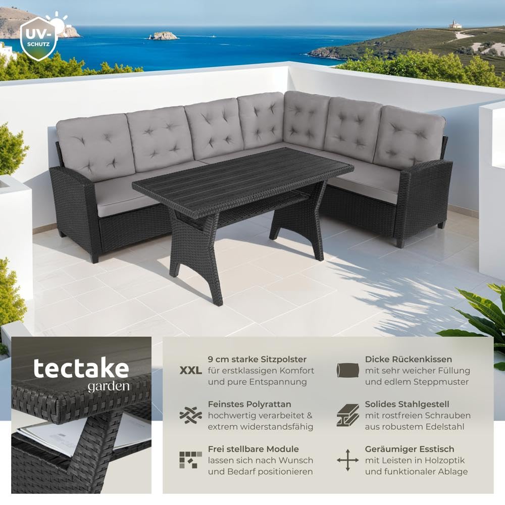 tectake Gartenbank Set mit Tisch Rattan Eckbank Schwarz