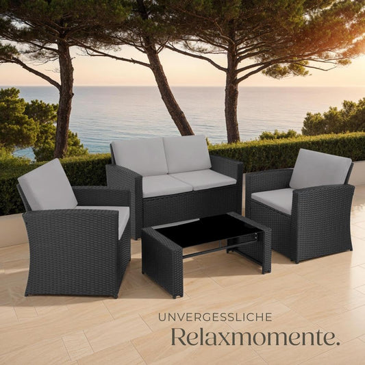tectake Gartenmöbel Set Polyrattan 4 Personen Schwarz Grau
