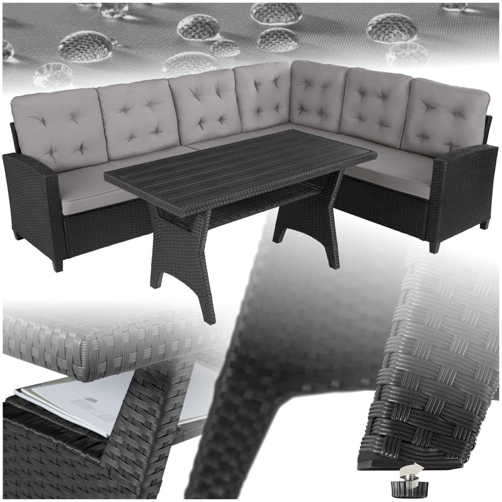 tectake Gartenbank Set mit Tisch Rattan Eckbank Schwarz