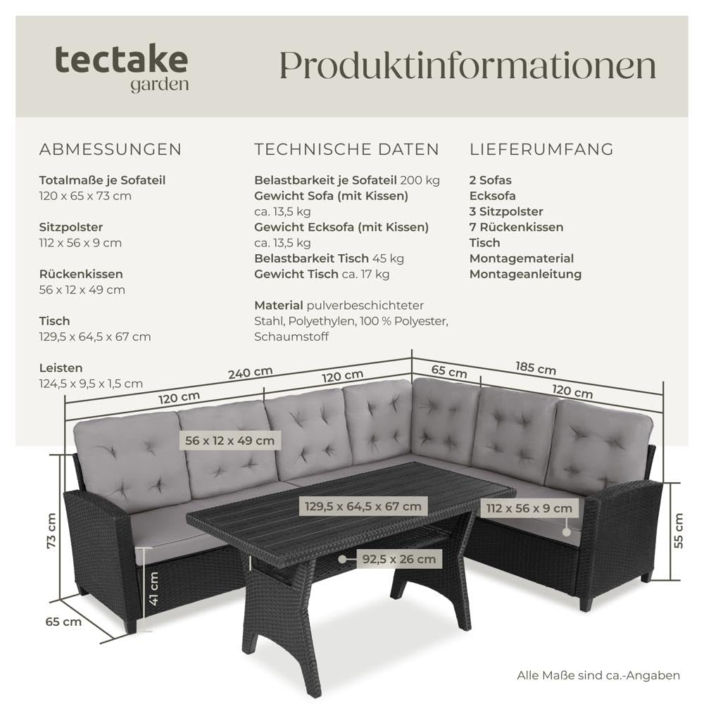 tectake Gartenbank Set mit Tisch Rattan Eckbank Schwarz