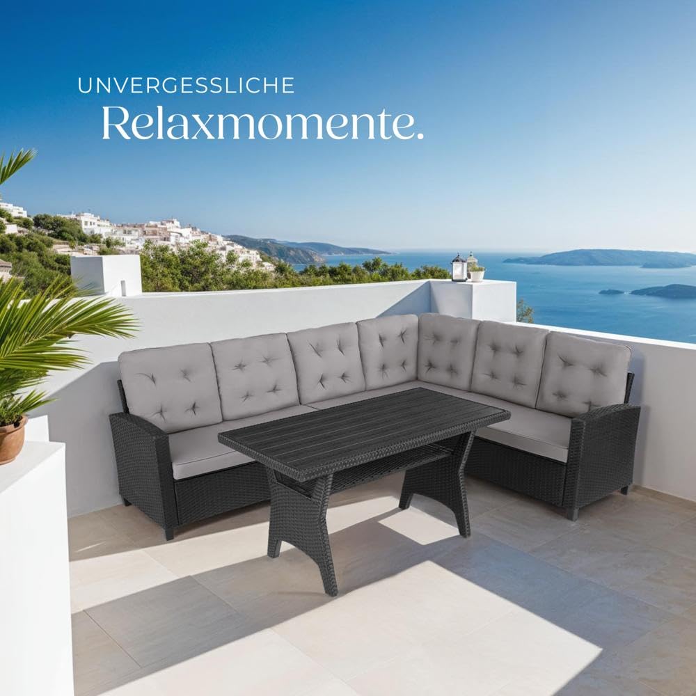 tectake Gartenbank Set mit Tisch Rattan Eckbank Schwarz