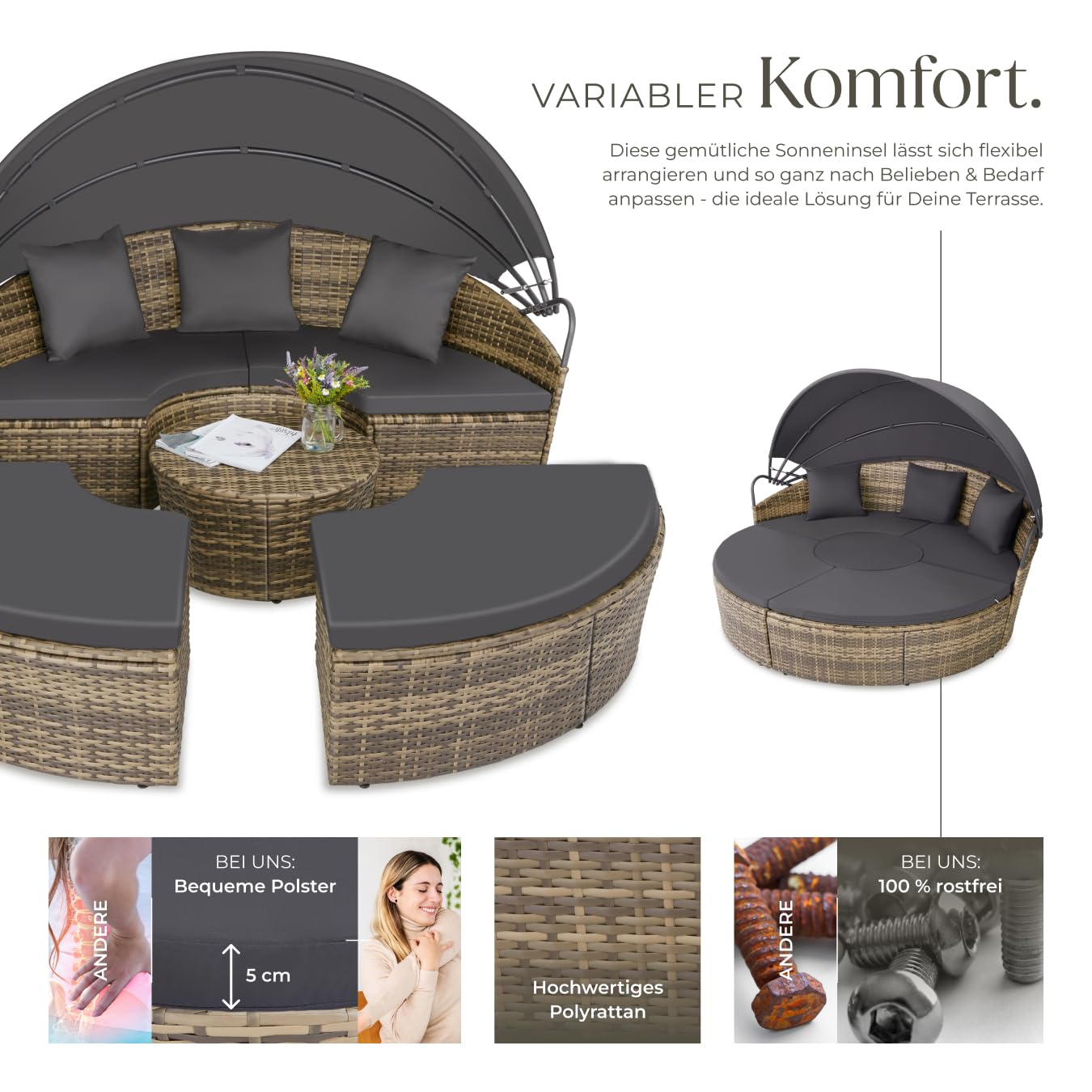 tectake Sonneninsel Muschel 2 Personen Gartenliege Natur