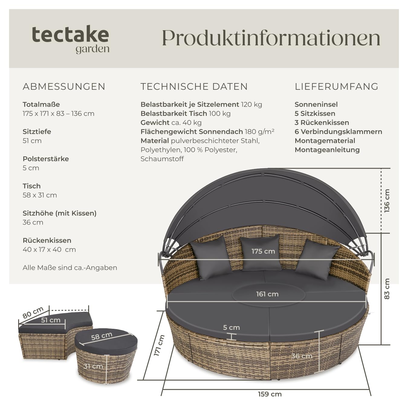 tectake Sonneninsel Muschel 2 Personen Gartenliege Natur