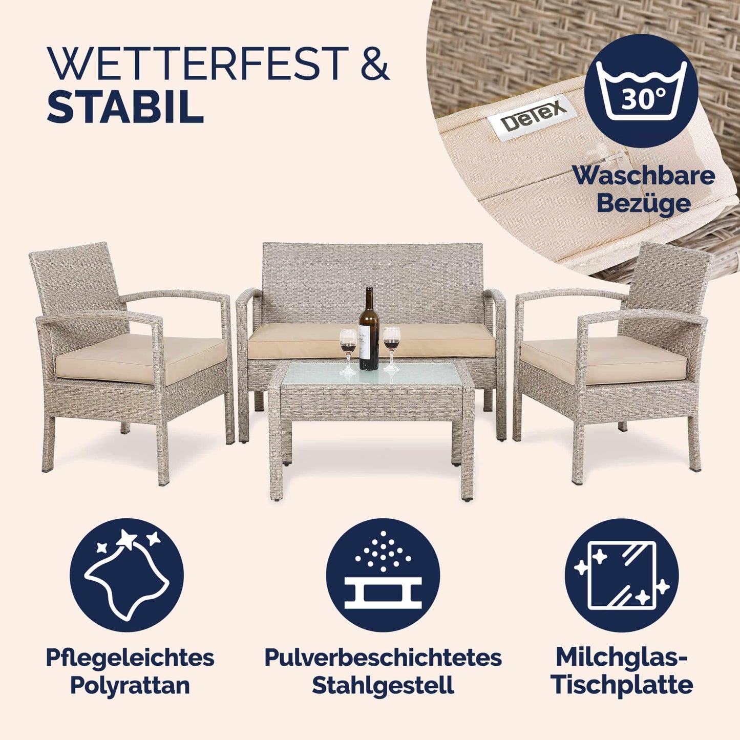 Casaria Gartenmöbel Set 4 Personen Polyrattan Creme